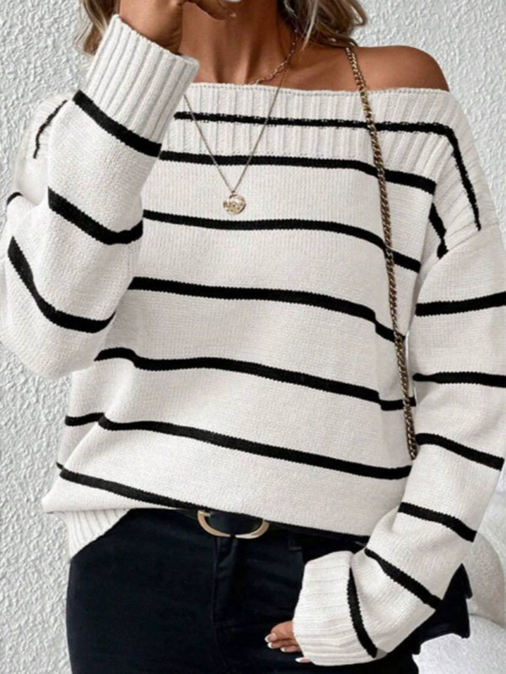 Sexy Striped Off Shoulder Drop Shoulder Knit Sweater for Fall Winter